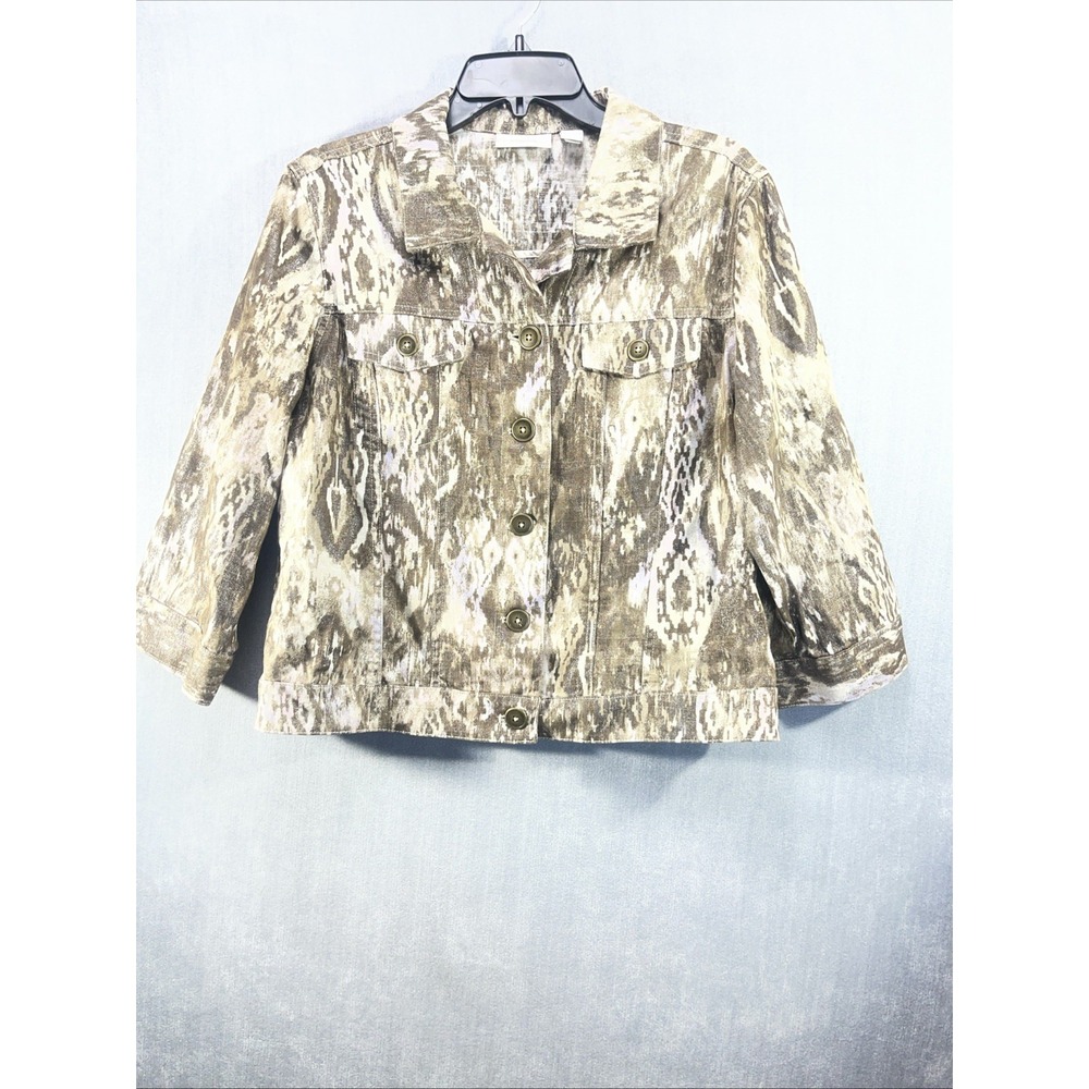 CHICO'S 3/4 Sleeve Jacket Brown Beige Print Linen Blend Size 1 NWT
